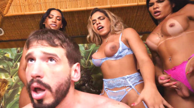 Six Shemales Gangbang Guy