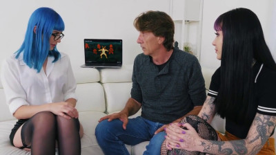 Mature man with foot fetishist cock fucks two young goth girls