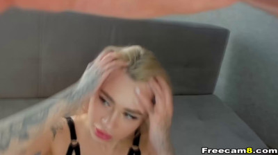 Blonde Latina kneels and sucks off huge cock till he busts load