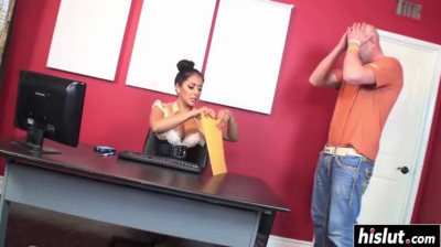 Busty office babe pounded on desk