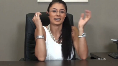 Sofia Gucci with glasses masturbating on the work table