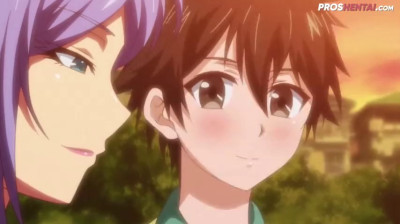 Busty purple haired Hentai slut teaches young boy how to fuck