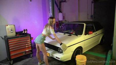 Busty Dutch blonde babe gets her car polished